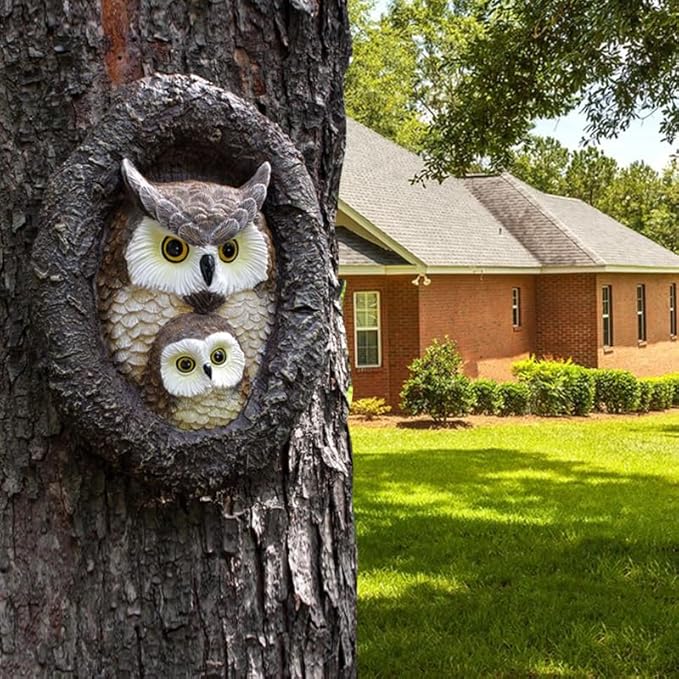 Owl Mom and Owlet Tree Hugger, Outdoor Garden Sculpture Tree Faces, Owl Bird Garden Resin Statue, Tree Peeker Ornament, Durable & Waterproof, Decorations Gardening Presents for Housewarming Birthday