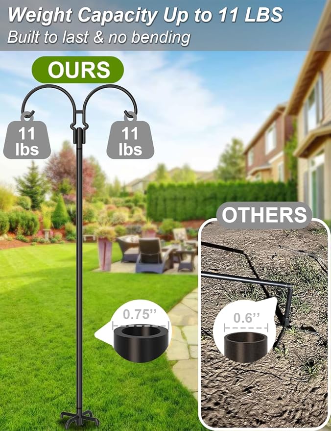 Outdoor Double Shepherds Hook with 5 Prong Base, 76 Inch Adjustable Heavy Duty Two Sided Bird Feeder Pole Stand for Hanging Plant Baskets, Solar Light Lanterns, Hummingbird Feeder, 2 Pack