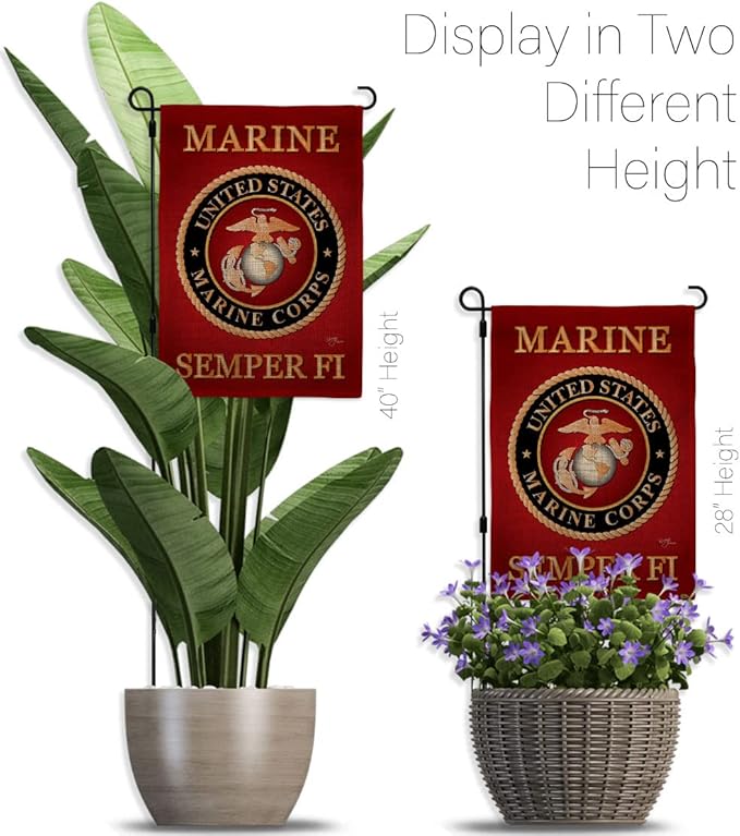 Marine Corps Burlap Garden Flag - Set with Stand Armed Forces USMC Semper Fi United State American Military Veteran Retire Official - House Banner Small Yard Gift Double-Sided Made In USA , Garden Flag 13"x 18.5"