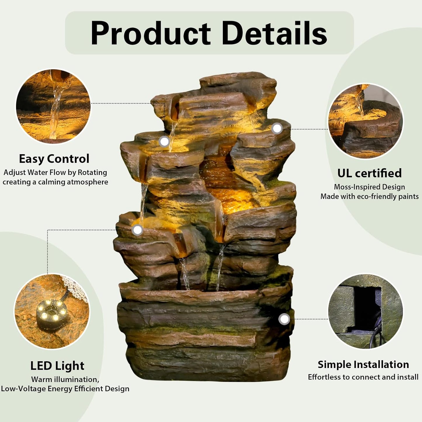 24.2" H 6-Tier Outdoor Water Fountain, Features Rock Garden Waterfall Fountains with Warm Lights, Floor-Standing for Patio, Backyard, Deck, Porch, Home Décor, Brown