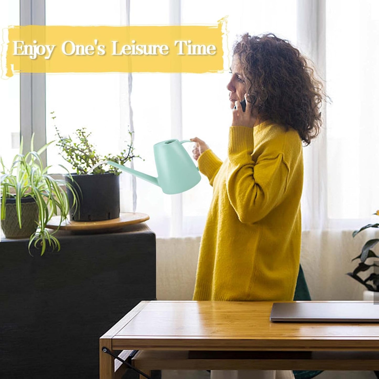 Qilebi Long Spout Small Watering Can for Indoor & Outdoor Plants, House Plant, Garden Flower, 1. 8L 1/2 Gallon (Green)