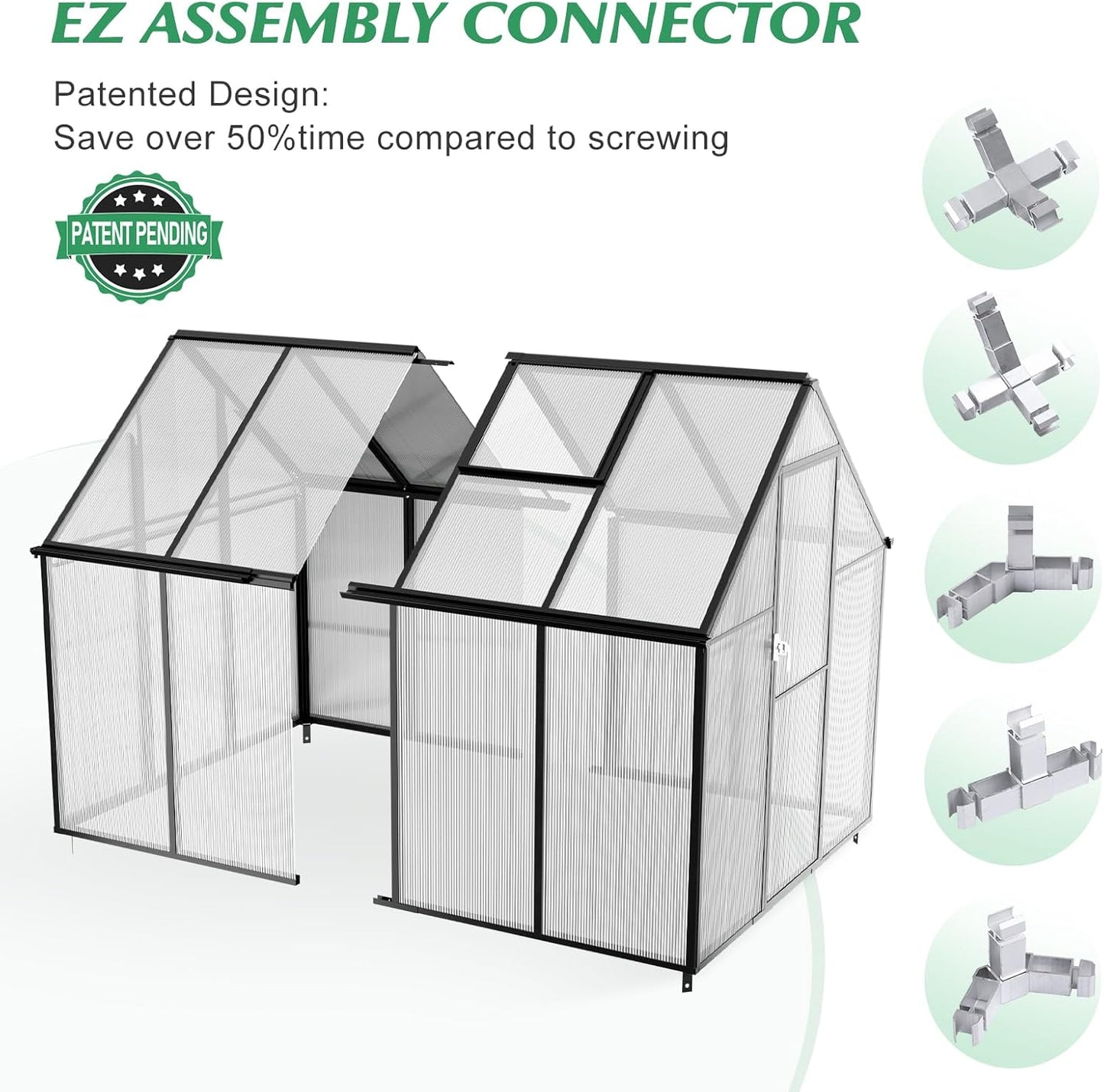 6'x8' Snap-Together Greenhouse - Easy 3-Way Connectors, Heavy-Duty Aluminum Frame, Wind/Snow Resistant for Gardening/Urban Farming, Includes Sliding Door and Ventilation Windows