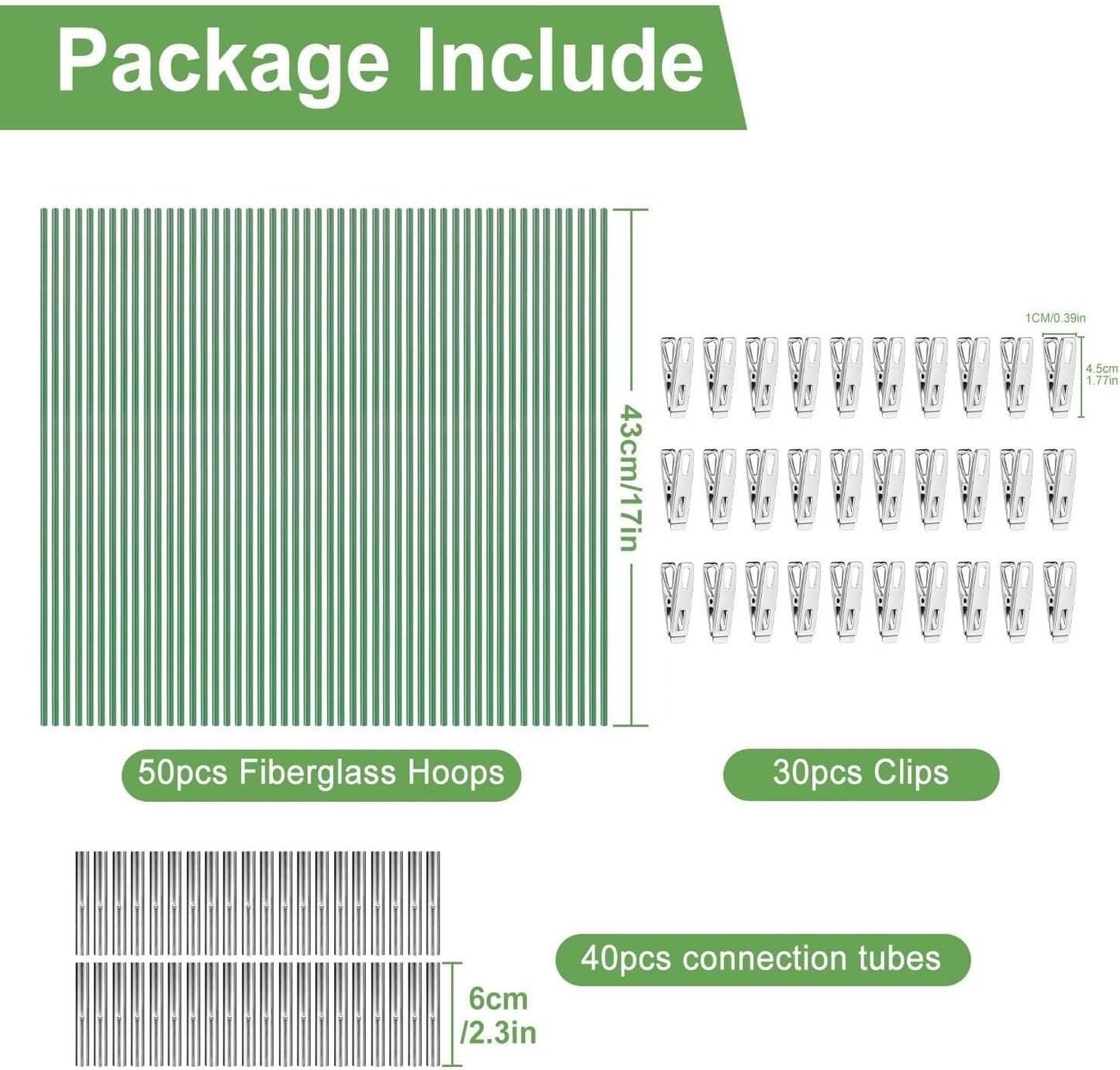 Garden Hoops for Raised Beds, 50pcs 7ft Grow Tunnel Greenhouse Support Hoops Rust-Free Frame for Garden Netting Row Cover Fabric, 10 Set DIY Fiberglass for 3 & 4 Ft Wide, 30pcs Clips