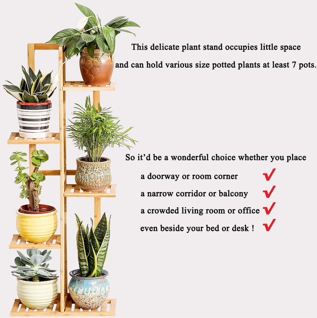 Bamboo 5 Tier 6 Potted Plant Stand Rack Multiple Flower Pot Holder Shelf Indoor Outdoor Planter Display Shelving Unit for Patio Garden Corner Balcony Living Room