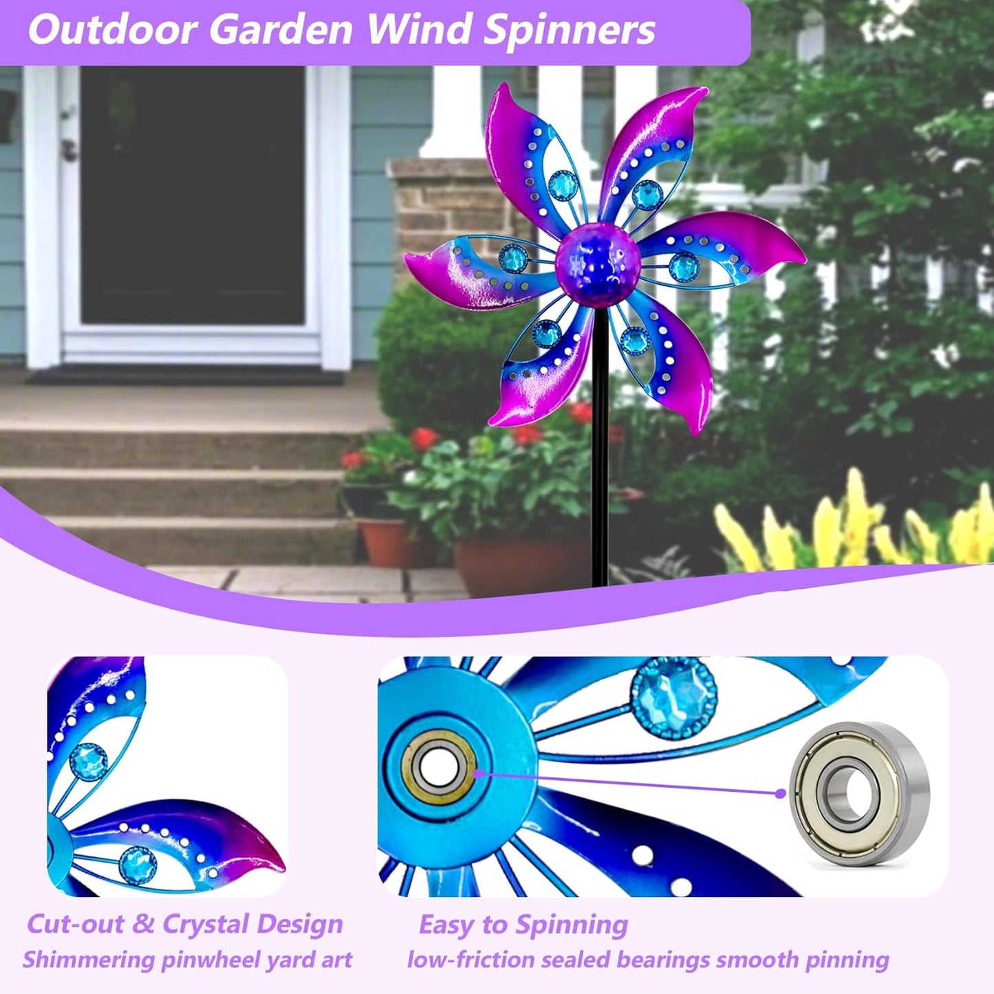 Wind Spinners Outdoor Metal, 10.63" W*37" H Pinwheels for Yard and Garden Decor, Kinetic Wind Sculpture Spinner Yard Art (Purple)