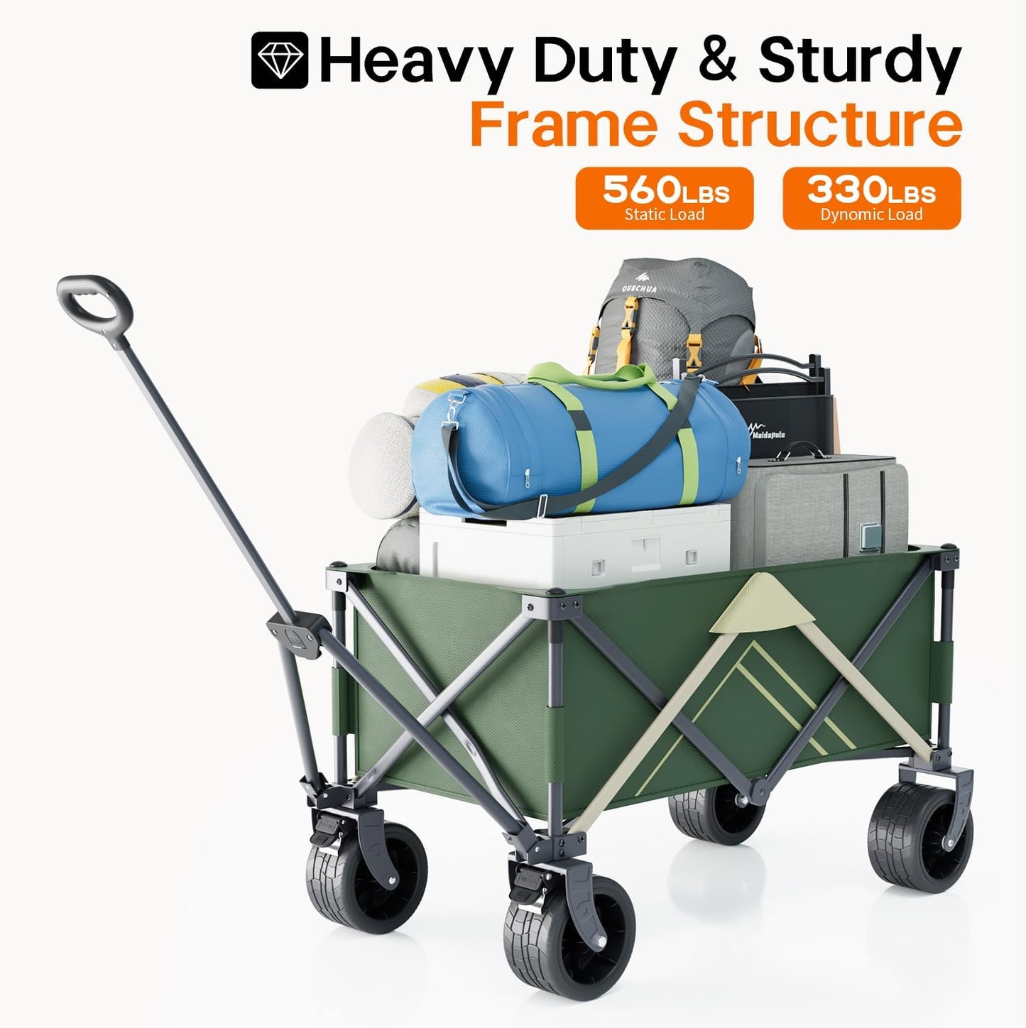 Wagons Carts Foldable, Wagon with Table Top,Beach Wagon with Big Wheels for Sand,Camping Sports Garden Beach Grocery（Green）