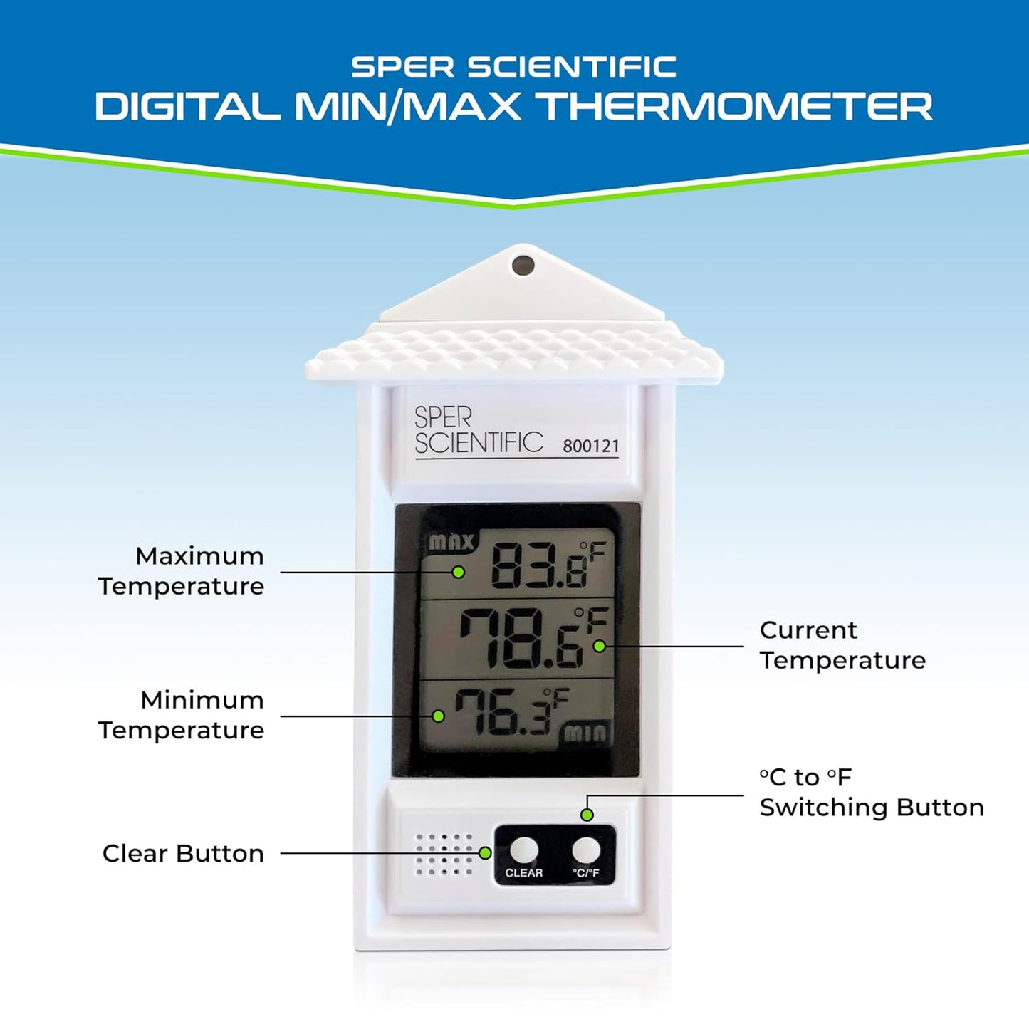 Sper Scientific Compact Digital Min/Max Thermometer 800121 - Wide Range Temperature Logger with Clear LCD Display - Ideal for Laboratories, Food Storage, HVAC & Greenhouses - 4 pc