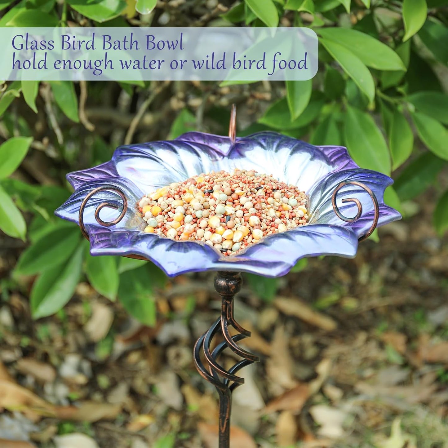 VCUTEKA Glass Bird Bath Outdoor BirdBath Bird Feeder with Metal Stake Garden Decor, Purple