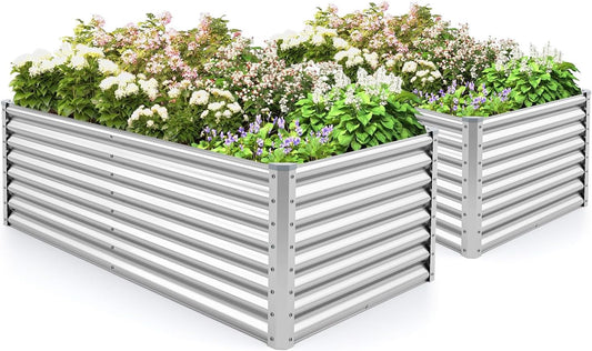 2 Pieces Rectangular Raised Garden Beds, Galvanized Garden Planter with Open Bottom, Sprayed Plate & Corner Protectors, Outdoor Metal Planter Box for Vegetables, Flowers & Herbs(Sliver)