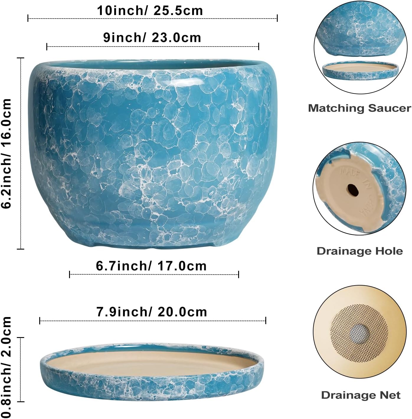 SQOWL Ceramic Planters - 10 Inch Plant Pot Indoor with Drainage Hole and Saucer, Decorative Flower Pot Outdoor, Round Large Planter, Living Room Office Garden Decor, Plant Lover Gifts for Women, Blue