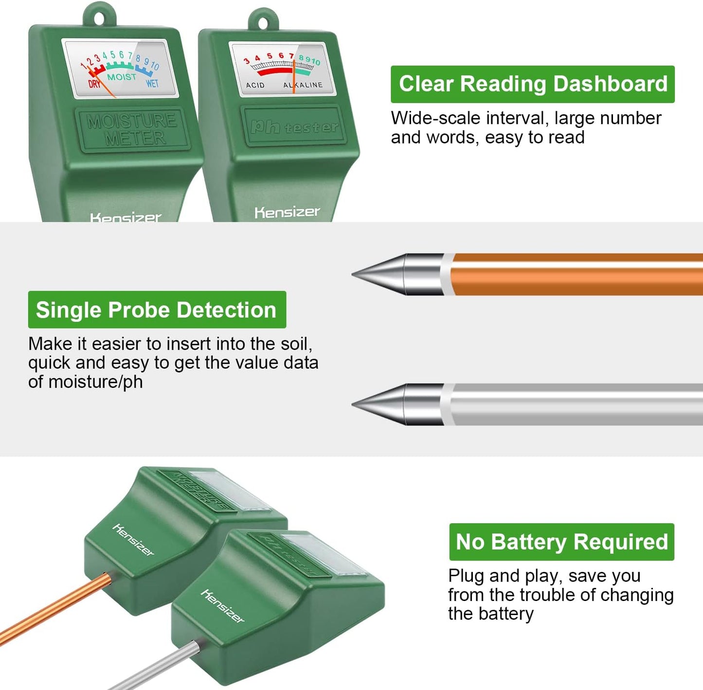 Kensizer Soil Tester, Soil Moisture/pH Meter, Gardening Farm Lawn Test Kit Tool, Digital Plant Probe, Water Hydrometer for Indoor Outdoor, No Battery Required