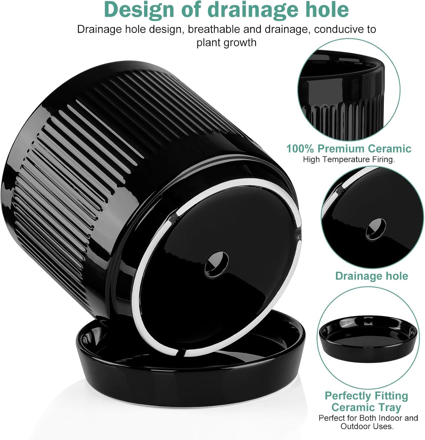 Vanavazon Ceramic Planter Pots for Indoor Plants with Drainage Hole and Saucer,6 Inch Cylinder Plant Pots,Glazed Finish Interior and Exterior,Set of 2 (Black)