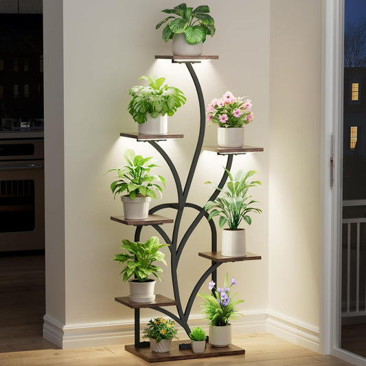 plant stand indoor with grow lights - 51" tall plant stand, corner plant shelf for indoor plants, 8 Tiered Lighted Flower holder, vase-shaped plant rack for living room, hallway, home décor