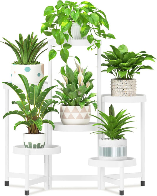 iDavosic.ly 6 Tier Folding Plant Stand Indoor Outdoor with Plastic Tray, Tiered Corner Flower Holder Shelf, Metal Orchid Display Rack for Patio Porch Living Room Garden Balcony, White