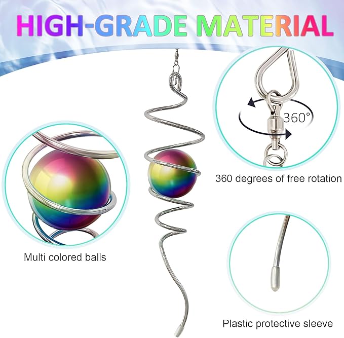 Gazing Ball Spiral Tail, Wind Spinner Stabilizer with Multi Color Sphere & Swivel Hook, Sun Catcher 11" Tail and 2" Stainless Steel Orb, Indoor Outdoor Garden Decor, Creative Gifts 13 inch