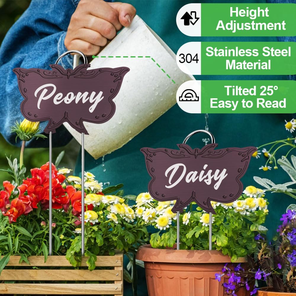 Metal Plant Labels, Tall Outdoor Butterfly Garden Markers for Flowers, Fruits and Vegetables, 304 Stainless Steel Weatherproof Signs (25 Packs, 4" x 2.3", Purplish Red Butterfly Design)