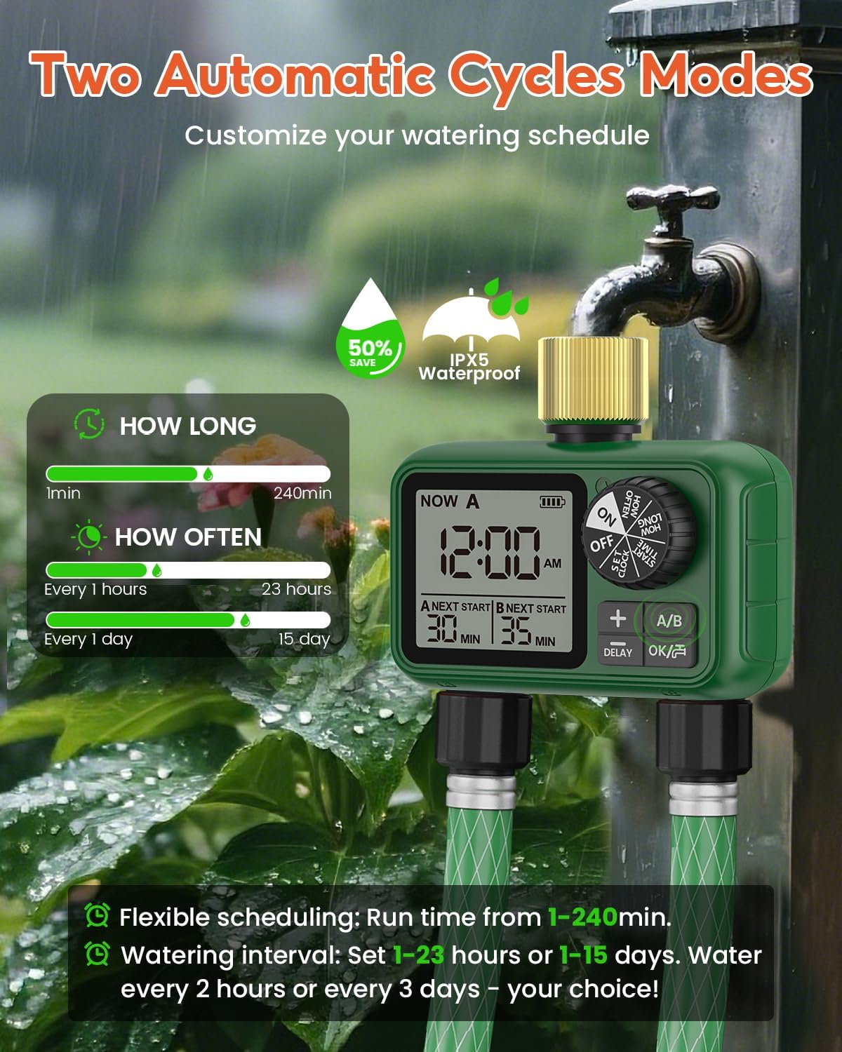 2 Outlet Sprinkler Timer Brass, XinFuture Programmable Water Sprinkler Controller for Yard, Lawn & Greenhouse, Automatic/Manual/Rain Delay Mode, Compatible with Drip Irrigation Systems