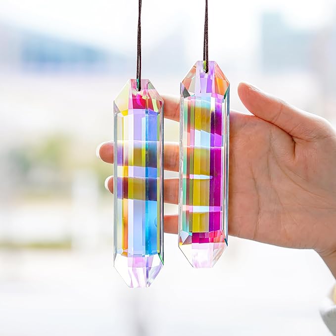 HDCRYSTALGIFTS 2PCS 5" Large Crystal Sun Catcher Prisms for Windows Indoor, AB Colored Hexagone Hanging Crystals Suncatchers, Rainbow Maker for Christmas,Patio,Chandelier,Garden Ornaments