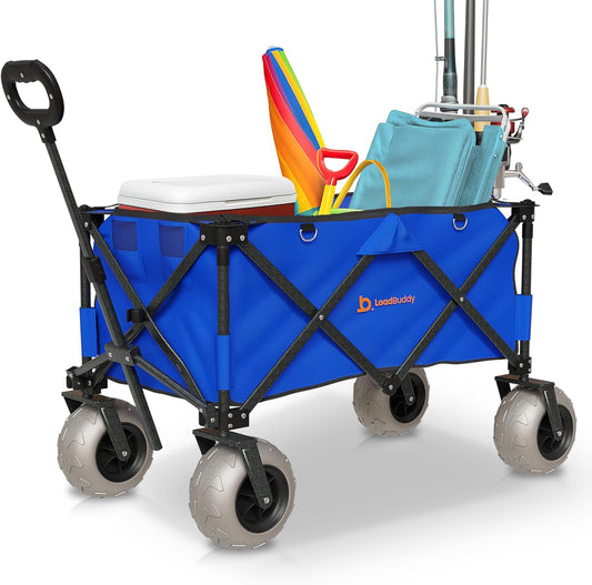 Beach Wagon with 9" Balloon Wheels & Fishing Rod Holders – Foldable Cart for Sand with Inflatable Tires, Bonus Pump & Spare – Heavy Duty Utility Wagon - Blue/Blue