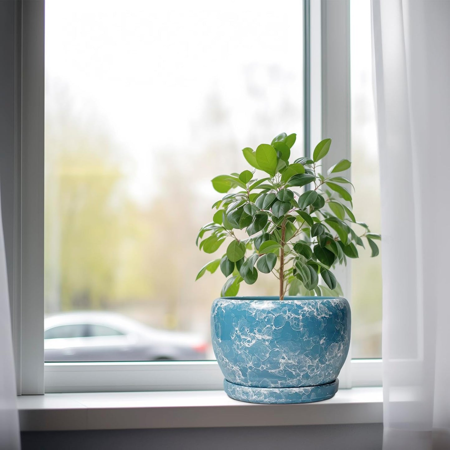 SQOWL Ceramic Pots for Plants - 8 Inch Ceramic Planter for Indoor Outdoor, Decorative Flower Pot with Drainage Hole and Saucer, Round Planter, Home Living Room Bathroom Decor, Plant Lover Gifts, Blue