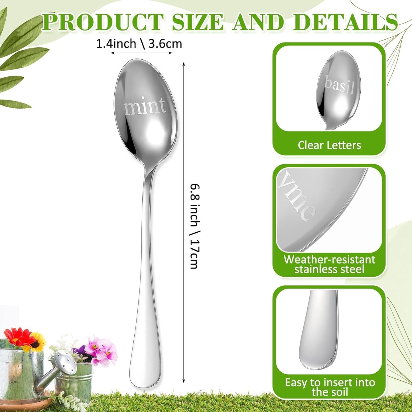 Bucherry 12 Pcs Metal Plant Label Signs, Spoon Shape Planted Herb Markers Garden Labels with Herb Names for Nursery Indoor Outdoor Garden Decoration, Stainless Steel, 12 Styles, 6.8" x 1.4"