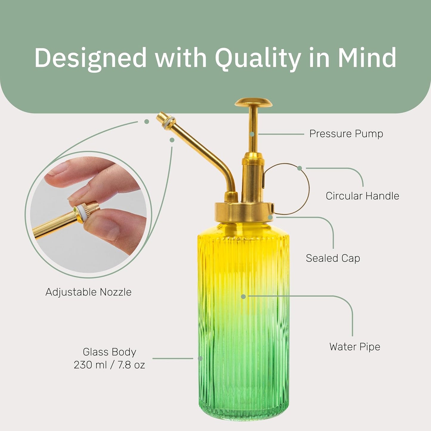 Useful Co. Yellow & Green Glass Plant Mister for inside, Mister for Plants, Plant Sprayer Mister, Decorative Plant Mister Spray Bottle with Adjustable Nozzle for indoor plants (230ml/ 7.8oz)