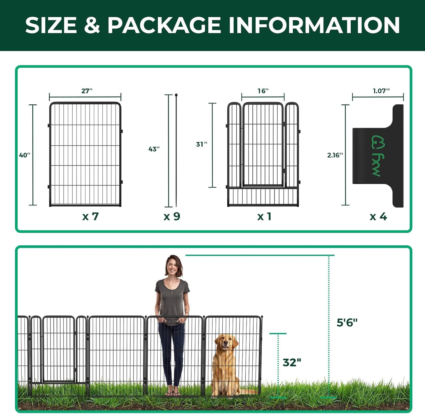 FXW Garden Fence Outdoor for The Yard – 40in(H) x 18.2ft(L) Heavy Duty Metal Animal Barrier for Dog and Rabbit, Decorative Dog Fence with Fence-to-Wall Anchor (Pack of 4), 8 Panels, Black