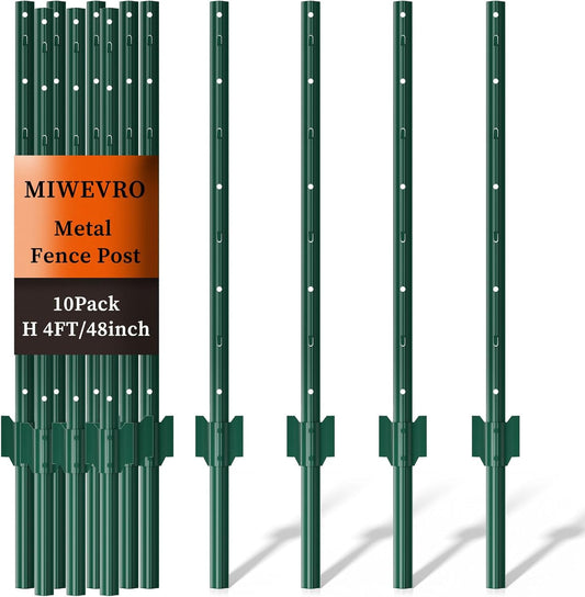 10 Pack Garden Fence Post, 4 Feet Heavy Duty Metal U-Post for Wire Fence, No Dig Garden Fence Stakes for Temporary Fencing, Electric Fence Wire, Corner Anchor, and More-Green