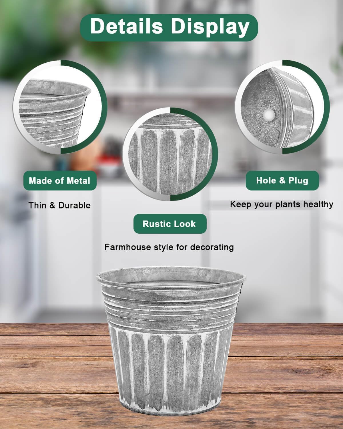 vensovo 5 Inch Silver Metal Rustic Flower Pots - 6Pcs Medium Galvanized Planters with Drainage Hole and Rubber Plug, Rustproof Metal Bucket Plant Pots Farmhouse Vintage Style for Decor