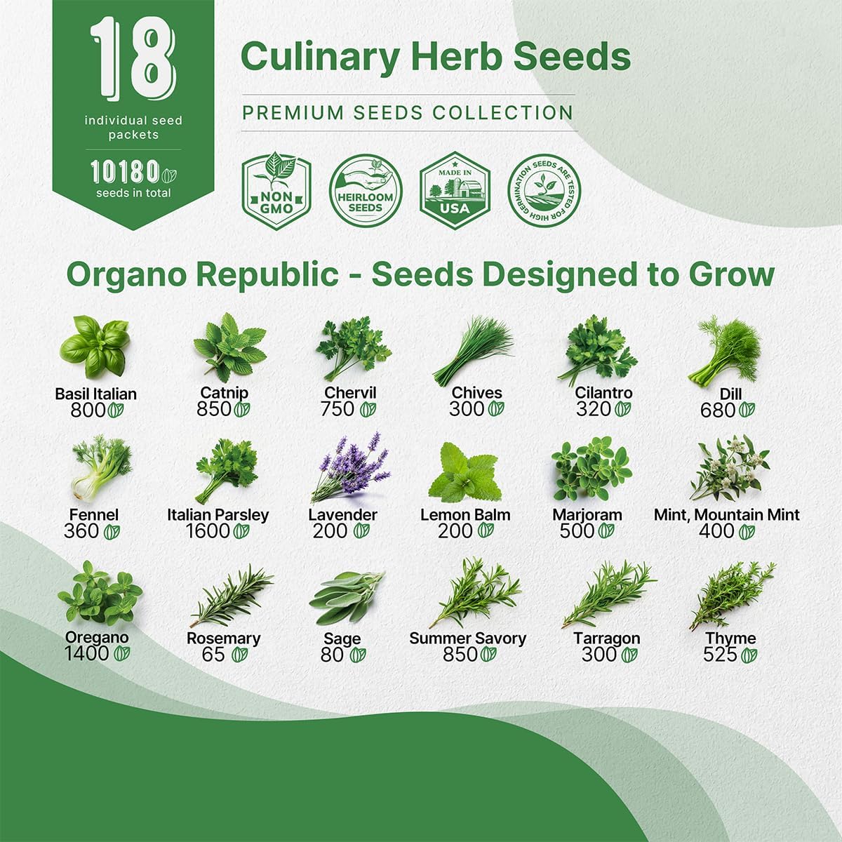 Organo Republic 18 Culinary Herbs Seeds Variety Pack - 10,180+ Heirloom, Non-GMO, Herbs Seeds for Outdoor and Indoor Home Gardening, Including Rosemary, Thyme, Oregano, Mint, Basil, Parsley