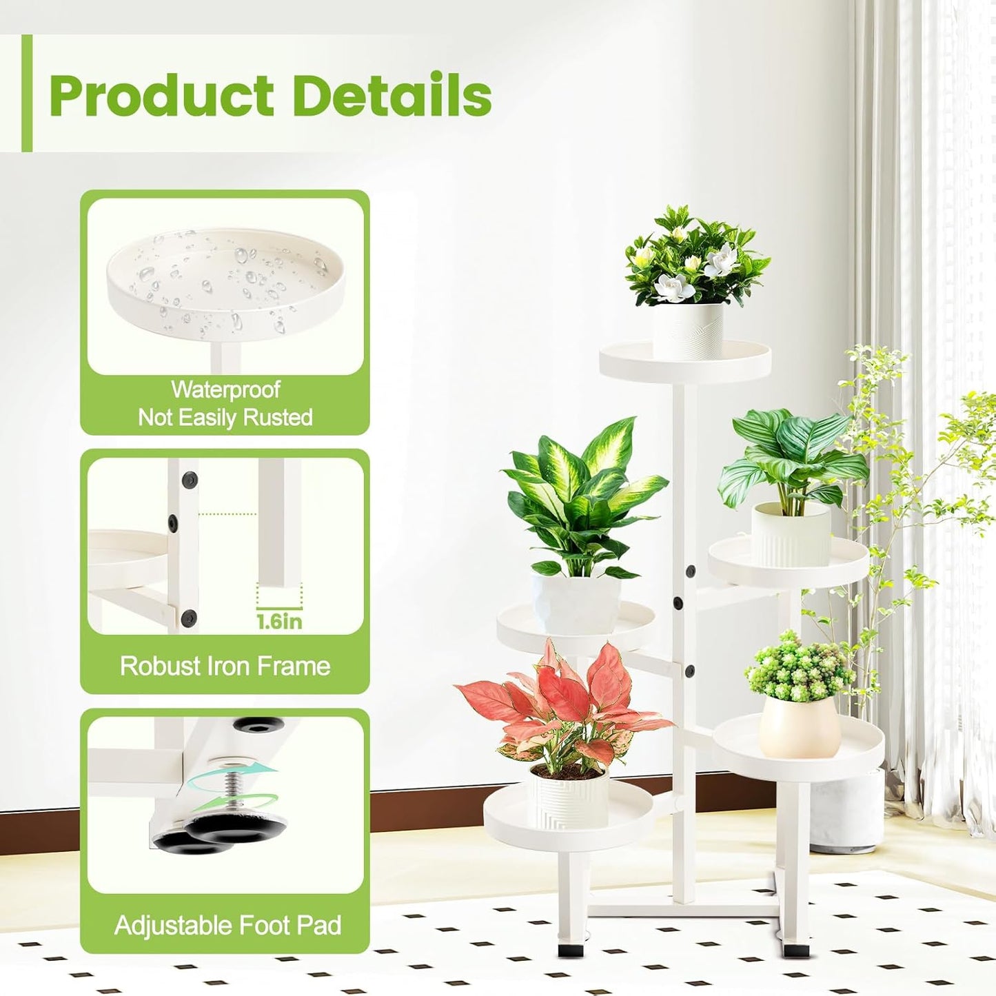 Metal Plant Stand Indoor, Corner Flower Pot Stand for Multiple Plants, 5 Tier Heavy Duty Plant Shelf for Patio Living Room Garden Balcony Office White