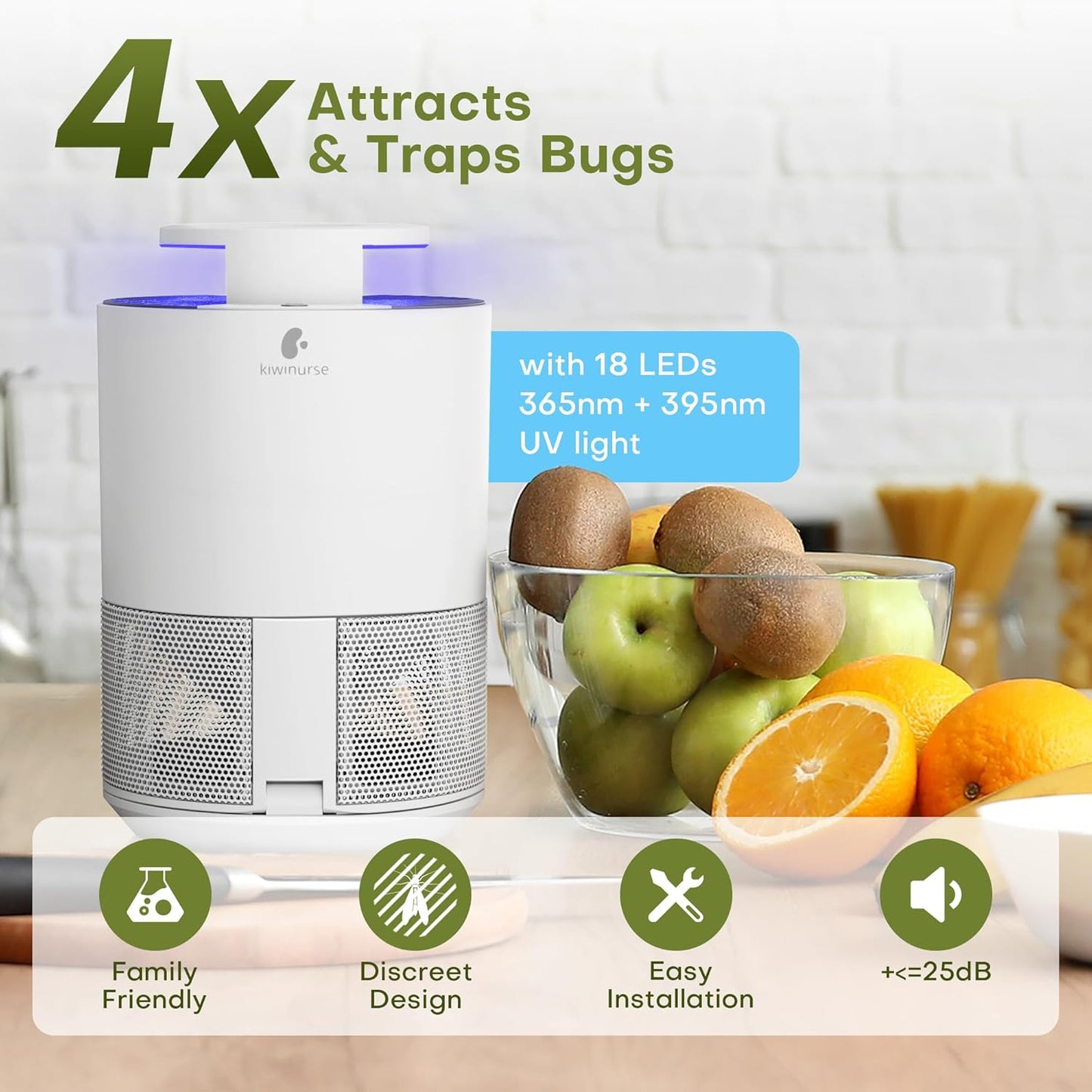 Indoor Insect Trap - Catcher & Killer for Fruit Flies, Gnats, Mosquitoes - Bug Light Traps with Suction for Inside Your Home, 5 Sticky Glue Cards, with Bait, White