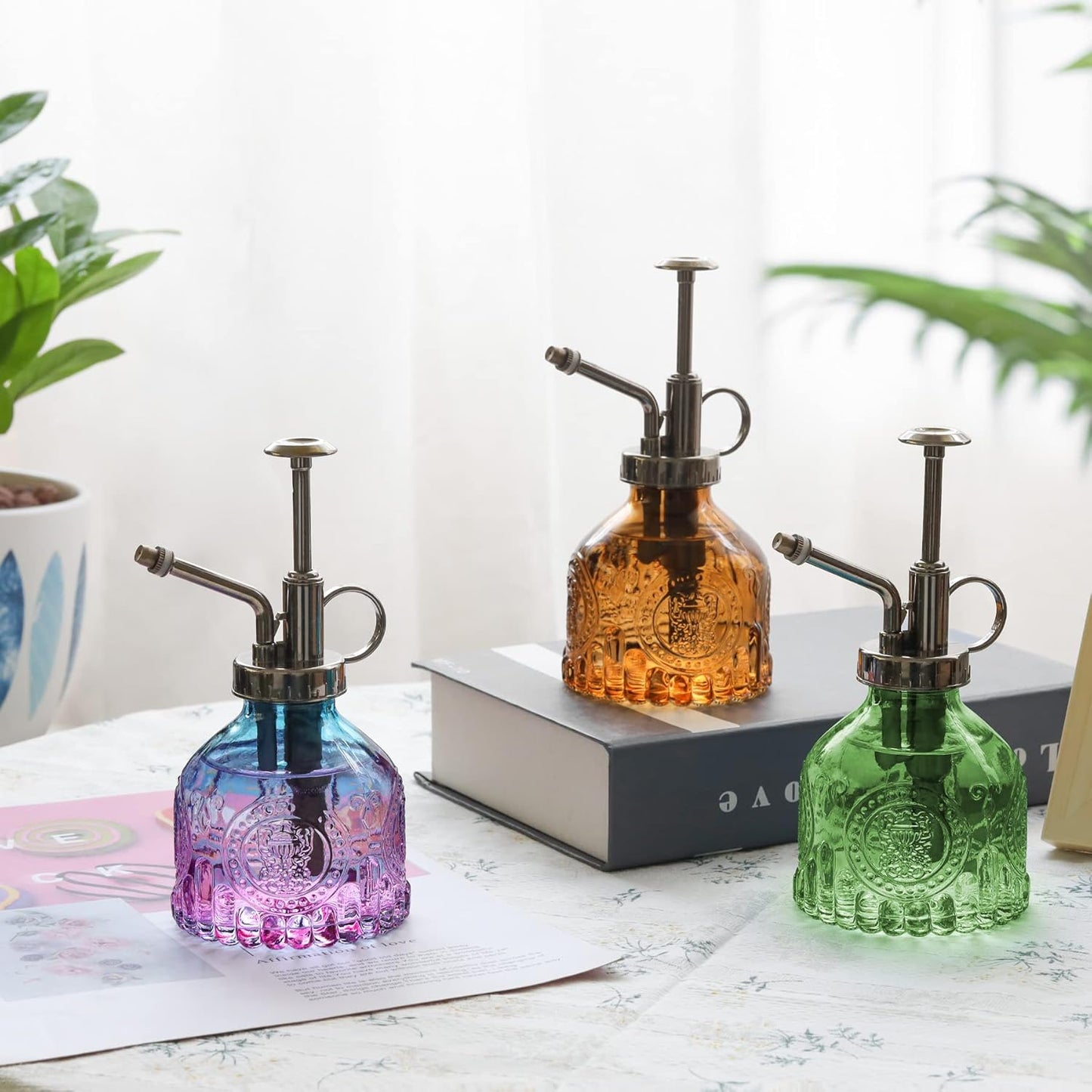 T4U Glass Plant Mister 200ML, Vintage Spray Bottle with Top Pump, Fine Mist Garden Flower Sprayer Small Decorative Spritzer Watering Can Gift for Indoor Outdoor Succulent House Plant (Green)