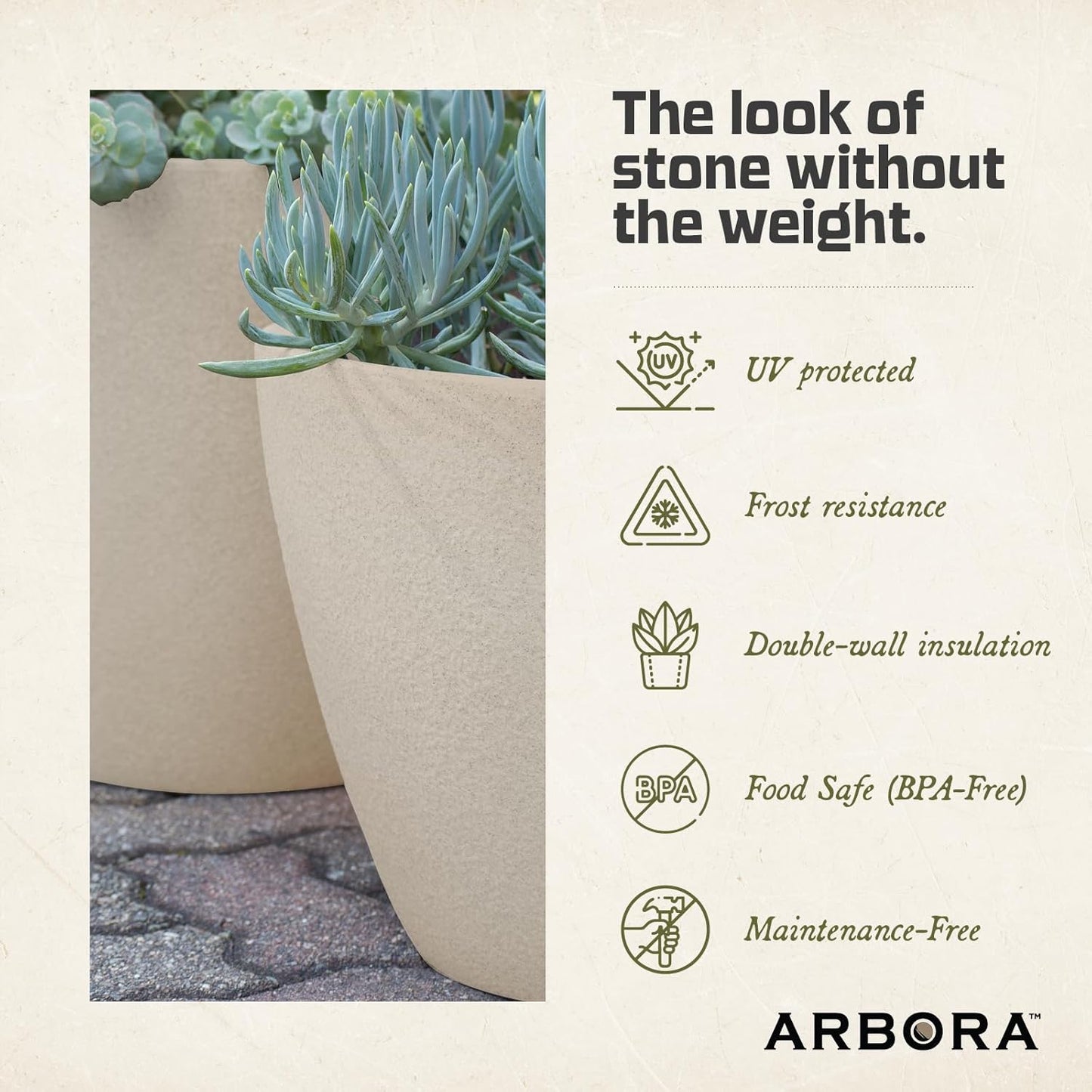 ARBORA 16" Mykonos Square Polyresin Indoor and Outdoor Planter with Classic Cream Finish - Durable, Weatherproof, Lightweight, Large Plant Pot for Patio, Garden, Deck, Entryway