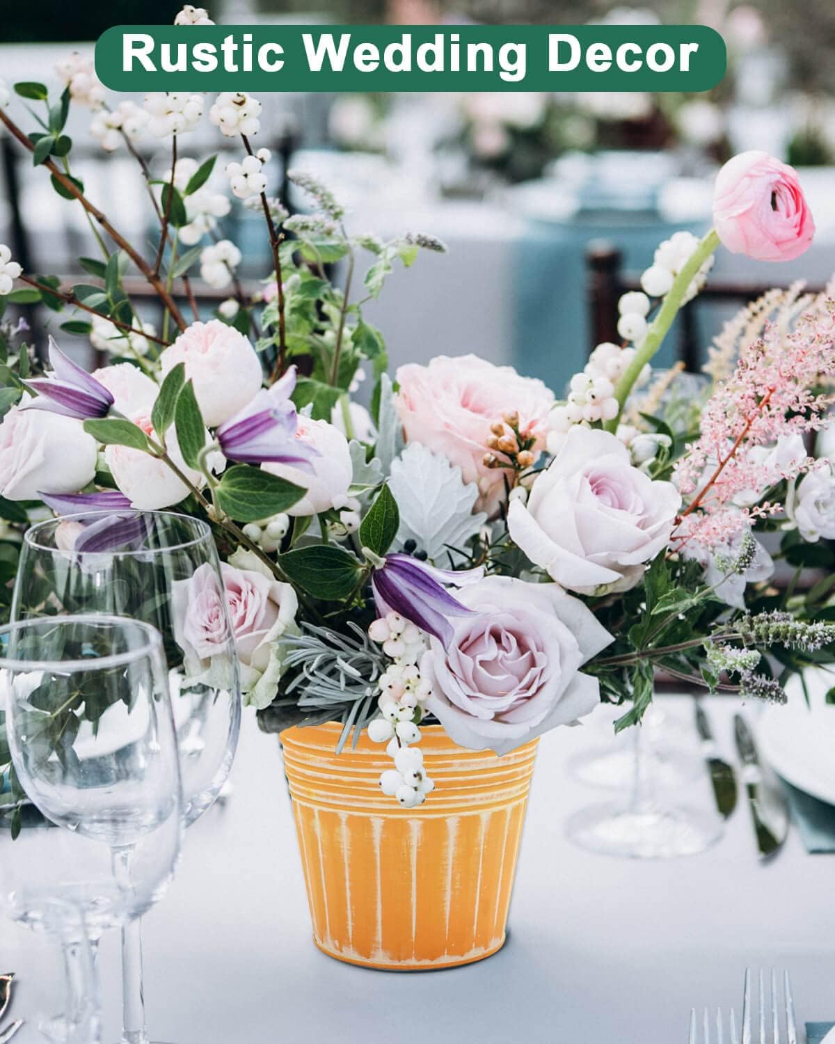 vensovo 5 Inch Orange Metal Rustic Flower Pots - 6Pcs Medium Galvanized Planters with Drainage Hole and Rubber Plug, Rustproof Metal Bucket Plant Pots Farmhouse Vintage Style for Decor