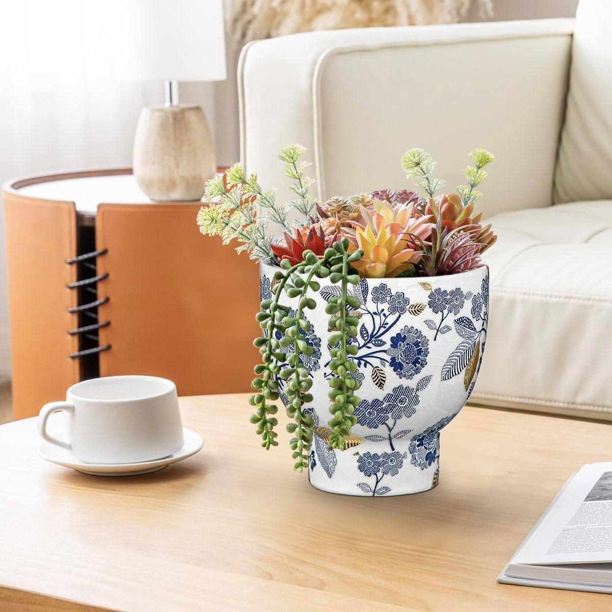 5.5 Inch Decorative Flower Pots, Blue and White Plant Pot Gold Accent Ceramic Planters for Indoor Plants Pots with Drainage Retro Planter Pot for Succulents Cactus Herb Snake Plants Outdoor Garden