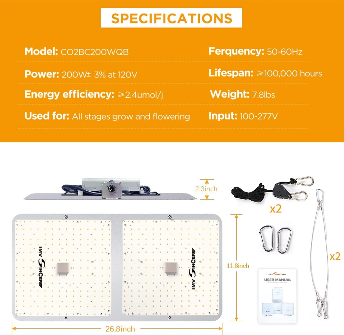 IMVSINCERE LED Grow Lights, BC200W Full-Spectrum LED Grow Light with Samsung Diodes Dimmable