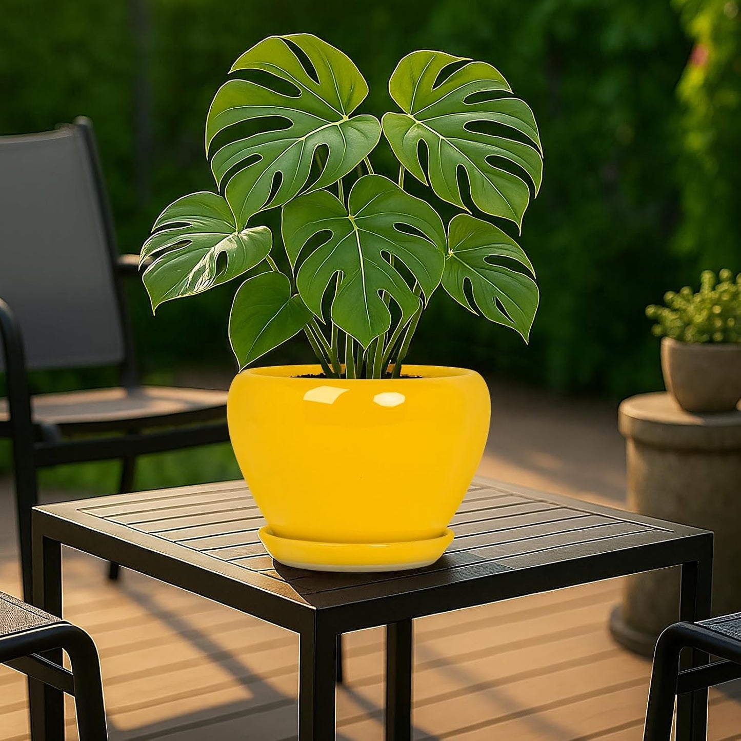Deep Dream 8 Inch Plant Pots- Ceramic Pots for Plants with Drainage Hole and Saucer, Large Planter Pot for Indoor Plants Outdoor Decor, Yellow