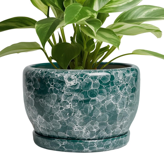 SQOWL 8 Inch Plant Pot - Ceramic Planter for Indoor Plants, Decorative Flower Pot with Drainage Hole and Saucer, Round Planter Outdoor, Room Patio Decor, Garden Gifts for Women, Green