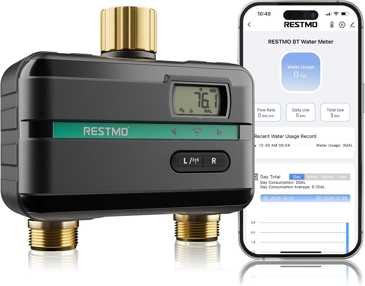 RESTMO Smart Sprinkler Timer with Flow Meter, 2 Zone Water Timer for Garden Hose, Brass Inlet & Outlet, Automatic Lawn & Yard Irrigation Watering System (Bluetooth Connection, Not Include Hub)