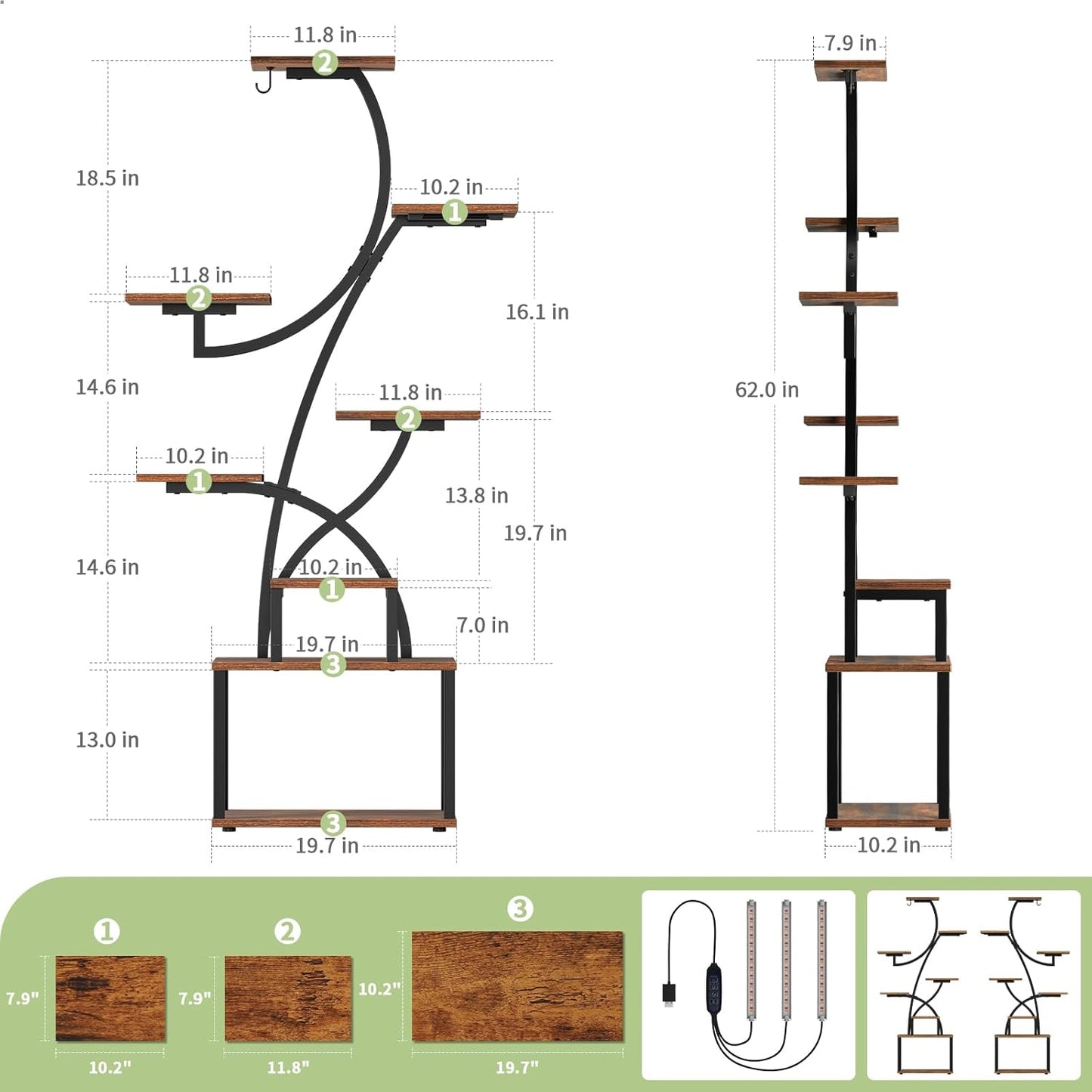 Uneedem Plant Stand Indoor with Grow Light, 8 Tiered Plant Shelf for Multiple Plants, 62" Tall Tree Shaped Metal Plant Rack Flower Holder for Room Corner Balcony Garden Patio