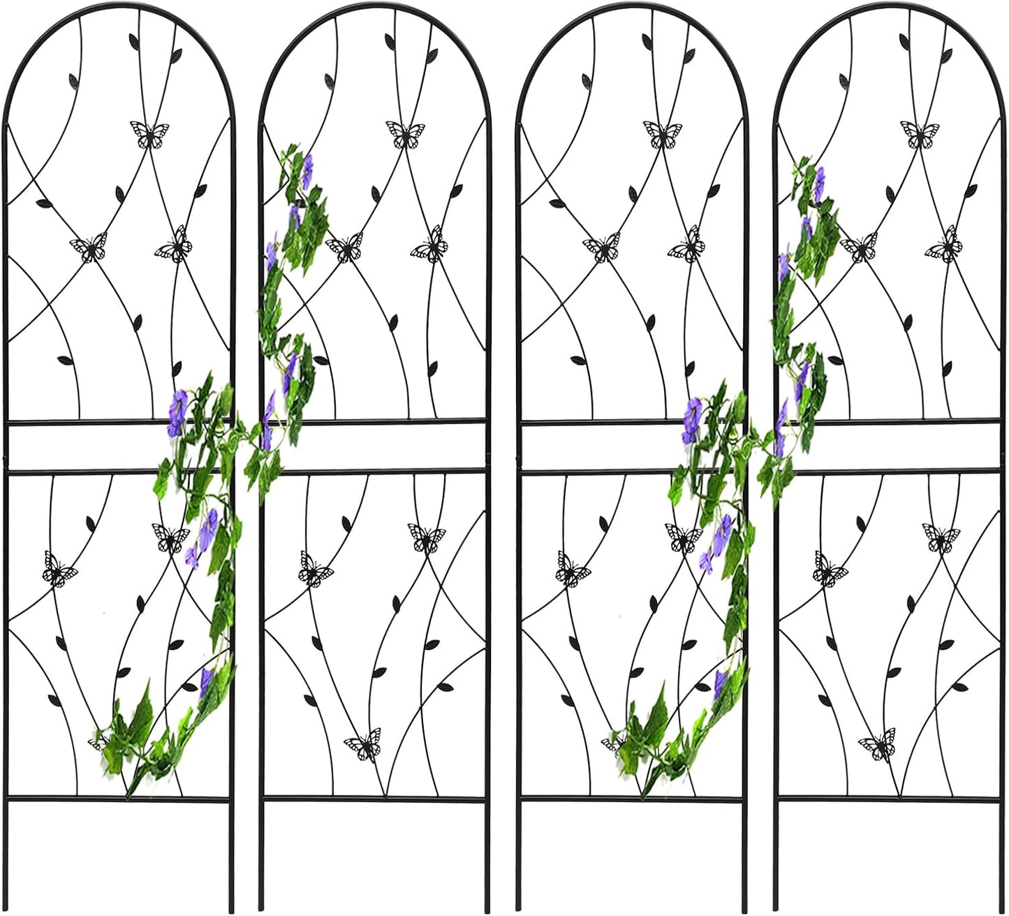 4 Pack Metal Garden Trellis for Climbing Plants, 86.7" Tall Rustproof Outdoor Trellis Panel with Butterfly Design, Decorative Black Iron Plant Support for Vine, Rose, Flower, Garden Wall