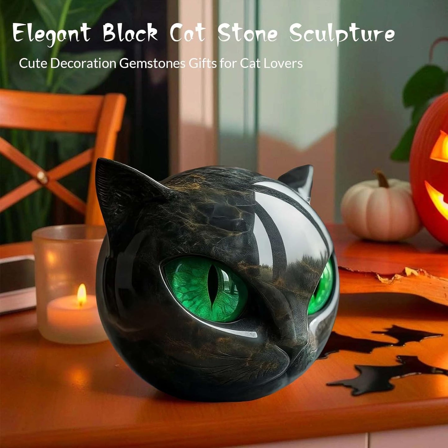 Luxury Black Cat Stone Sculpture Handcrafted Marble Look Resin Statue with Amber Eyes Elegant Home Decor & Gift-Ready Art Piece Figurine Carved Healing Gifts for Cat Lovers (Green Eyes)