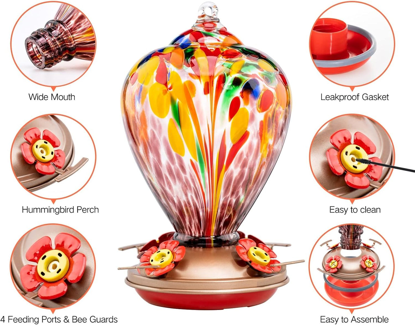 Muse Garden Hummingbird Feeders for Outdoors Hanging, Blown Glass Hummingbird Feeder, Humming Bird Gifts for Mom, Garden Decor for Outside, Unique Gifts Idea for Women, 34OZ, Purple Tulips