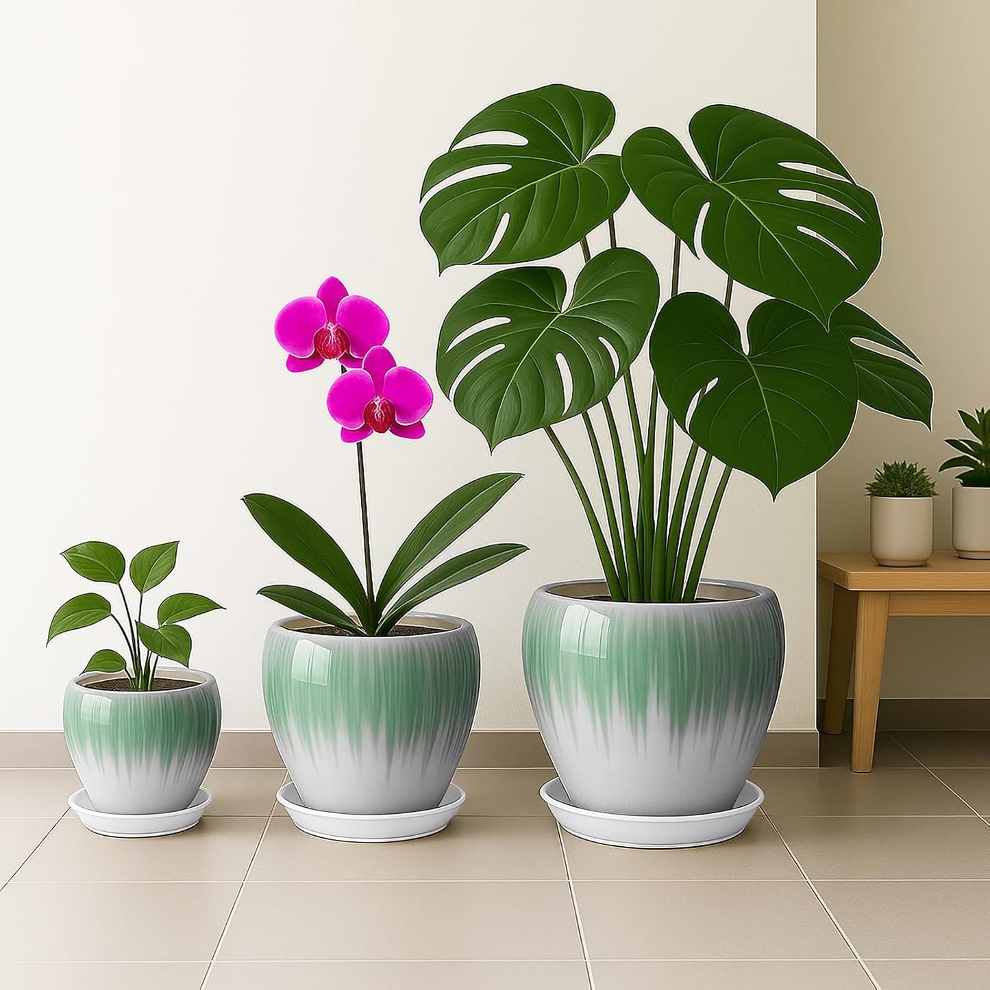 Deep Dream 8 Inch Plant Pots- Ceramic Pots for Plants with Drainage Hole and Saucer, Large Planter Pot for Indoor Plants Outdoor Decor, White&Green