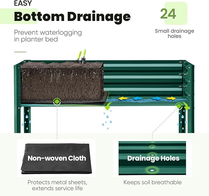 KING BIRD Large Raised Garden Bed with Legs Galvanized Elevated Planter Box 48×24×30 in for Backyard, Patio, Balcony, 400lb Capacity, Green