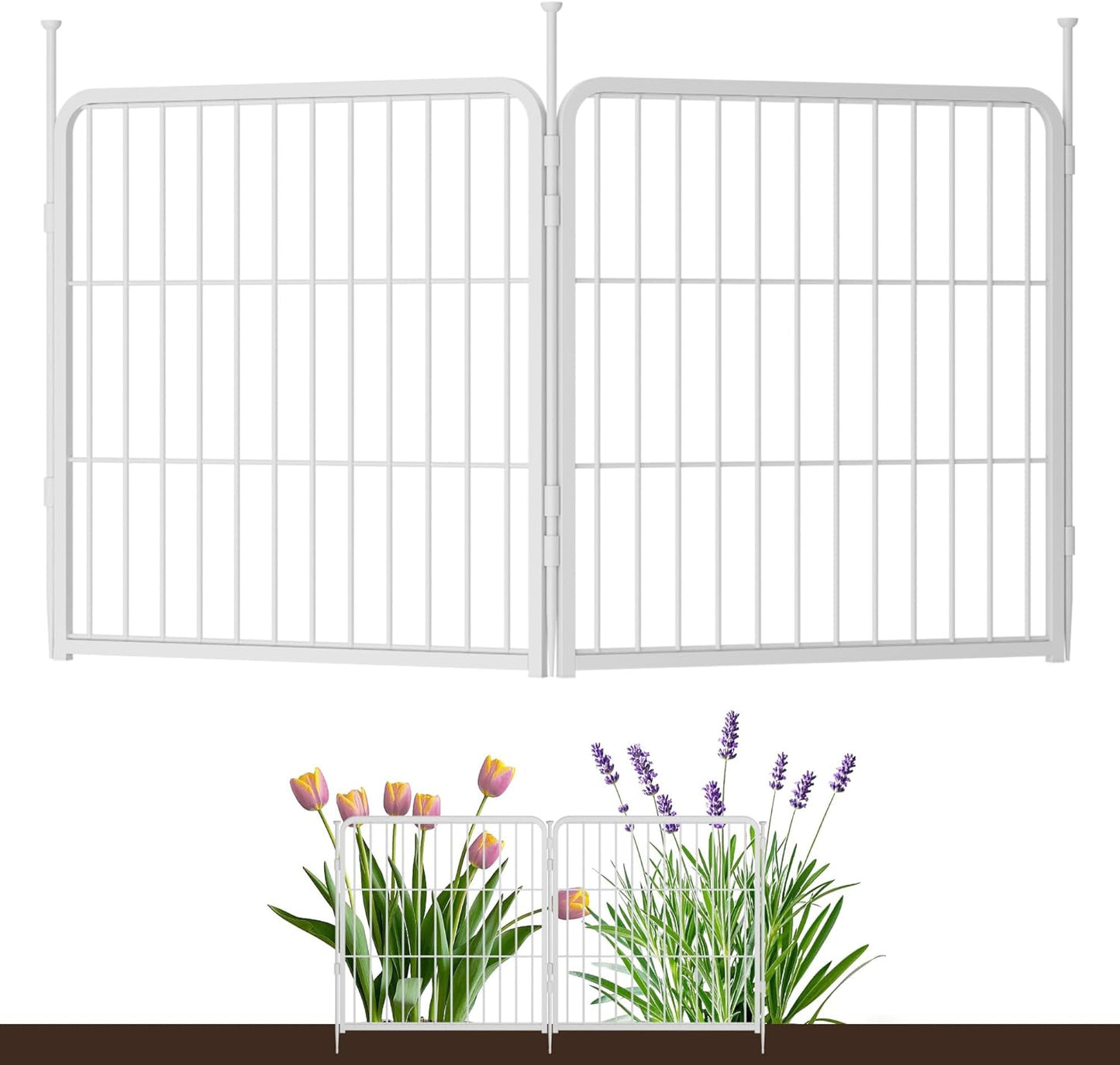Decorative Doorless Garden Fence 24 in(H) x 3.7 ft(L) 2 Panels, Heavy Duty Metal Animal Barrier Fence, No Door, Flower Bed Fencing, White