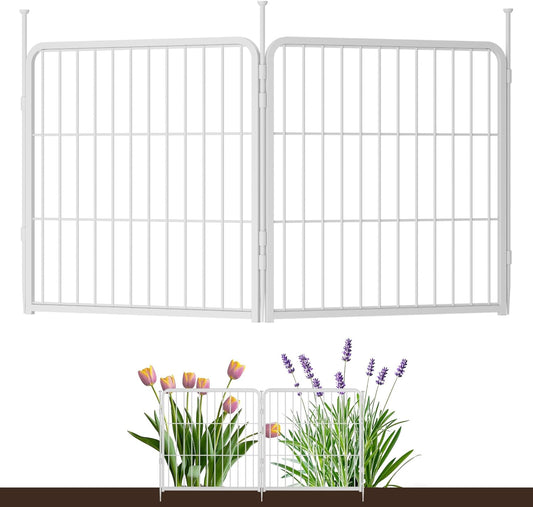 Decorative Doorless Garden Fence 24 in(H) x 3.7 ft(L) 2 Panels, Heavy Duty Metal Animal Barrier Fence, No Door, Flower Bed Fencing, White
