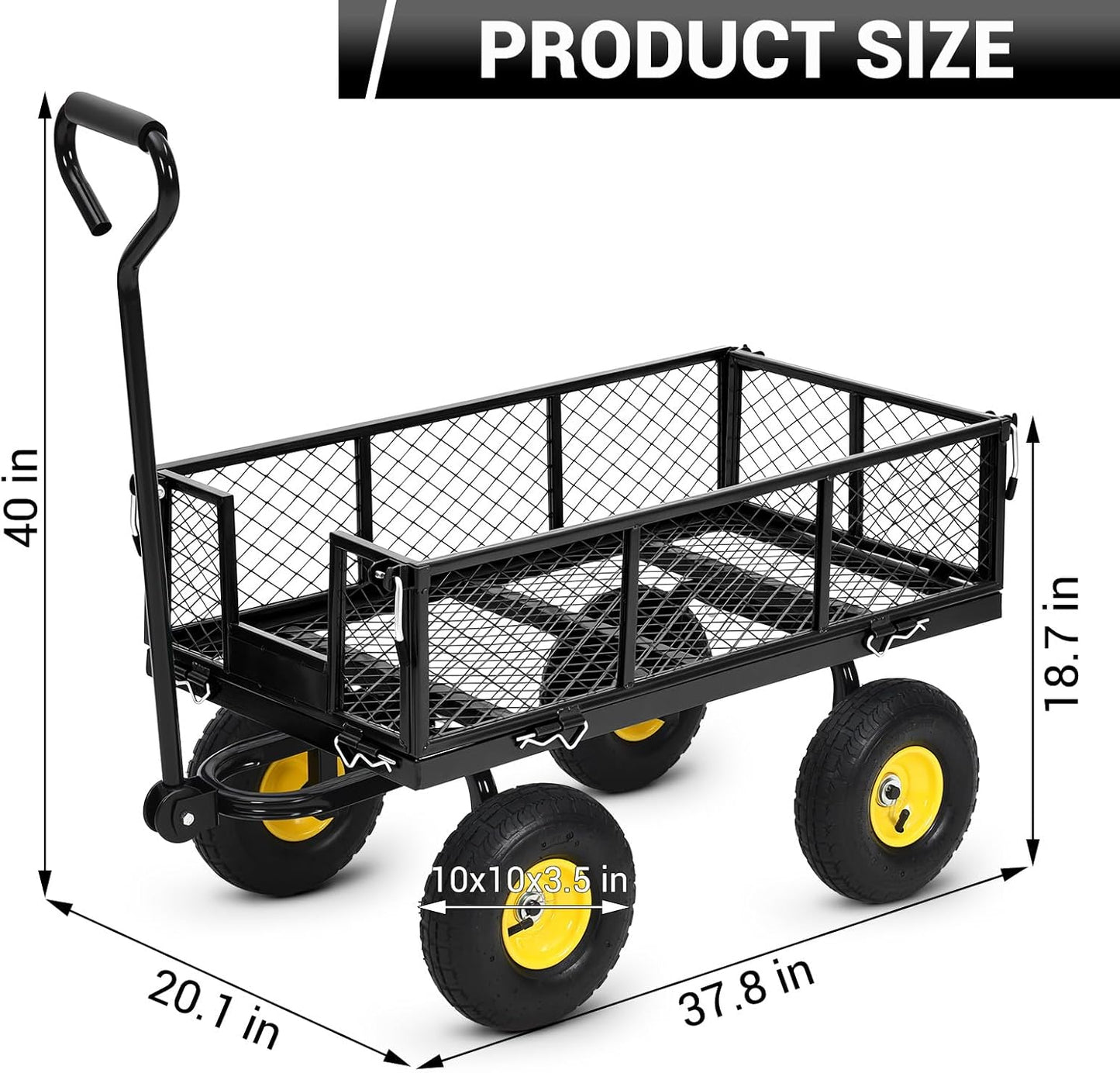 Steel Garden Cart on Wheels, 880LBS Pullable Metal Garden Wagon, 180° Rotating Handle and Removable Sides for Outdoor, Farm, Yard, Beach