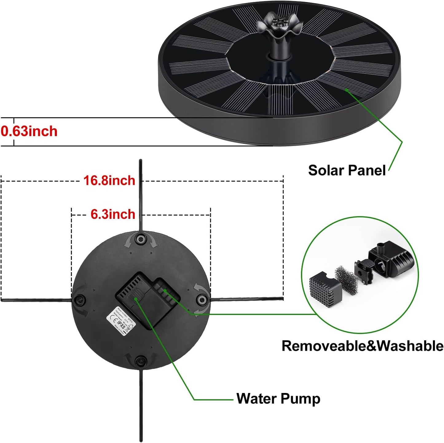 Solar Fountain Pump with Spray Height Adjustment, Upgrade Glass Solar Bird Bath Fountains with 6 Nozzles, Outdoor Solar Water Fountain Pump for Bird Bath, Garden, Pool, Pond
